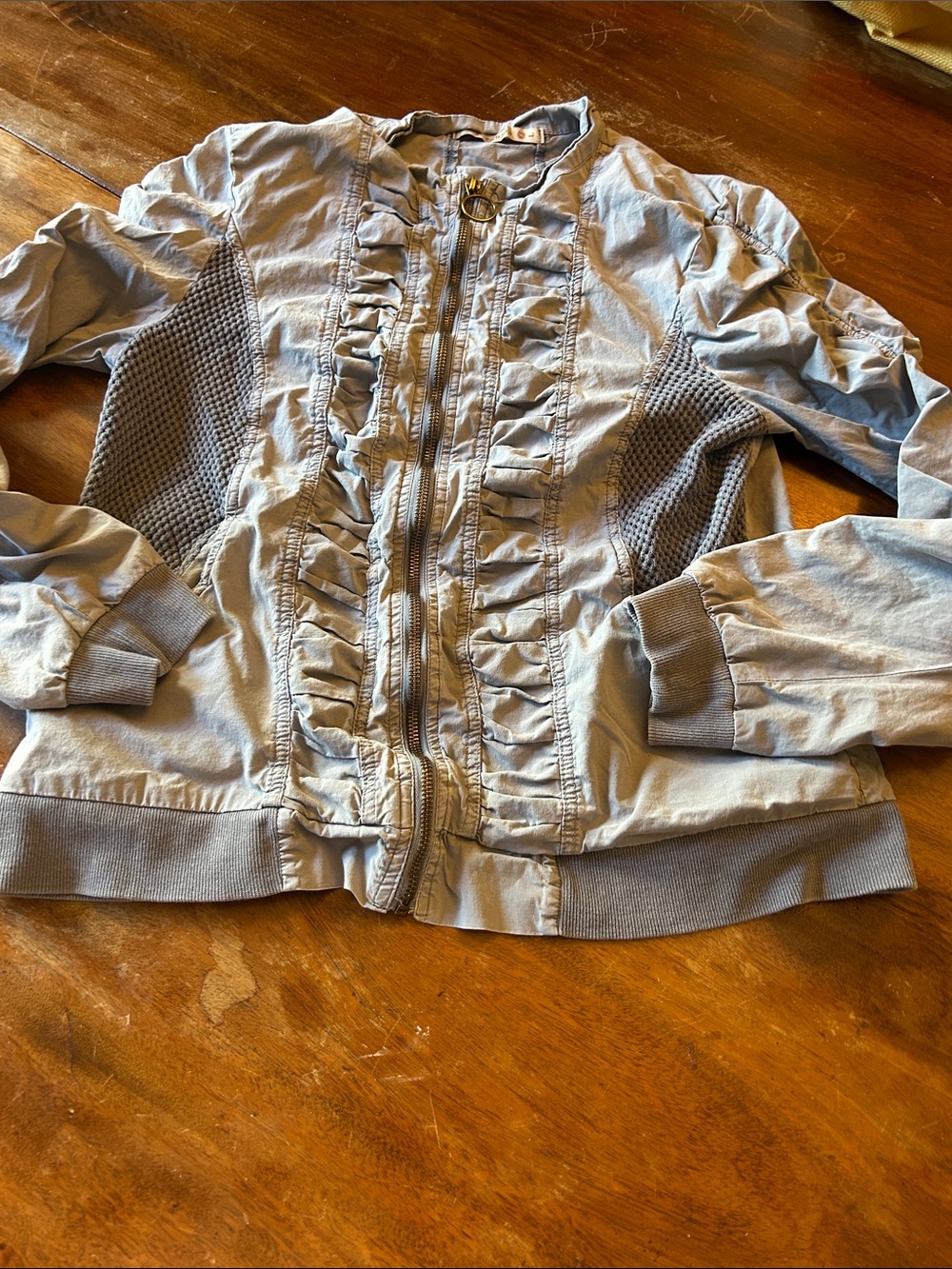 Women’s Light Gray Ruffle Front Bomber Jacket